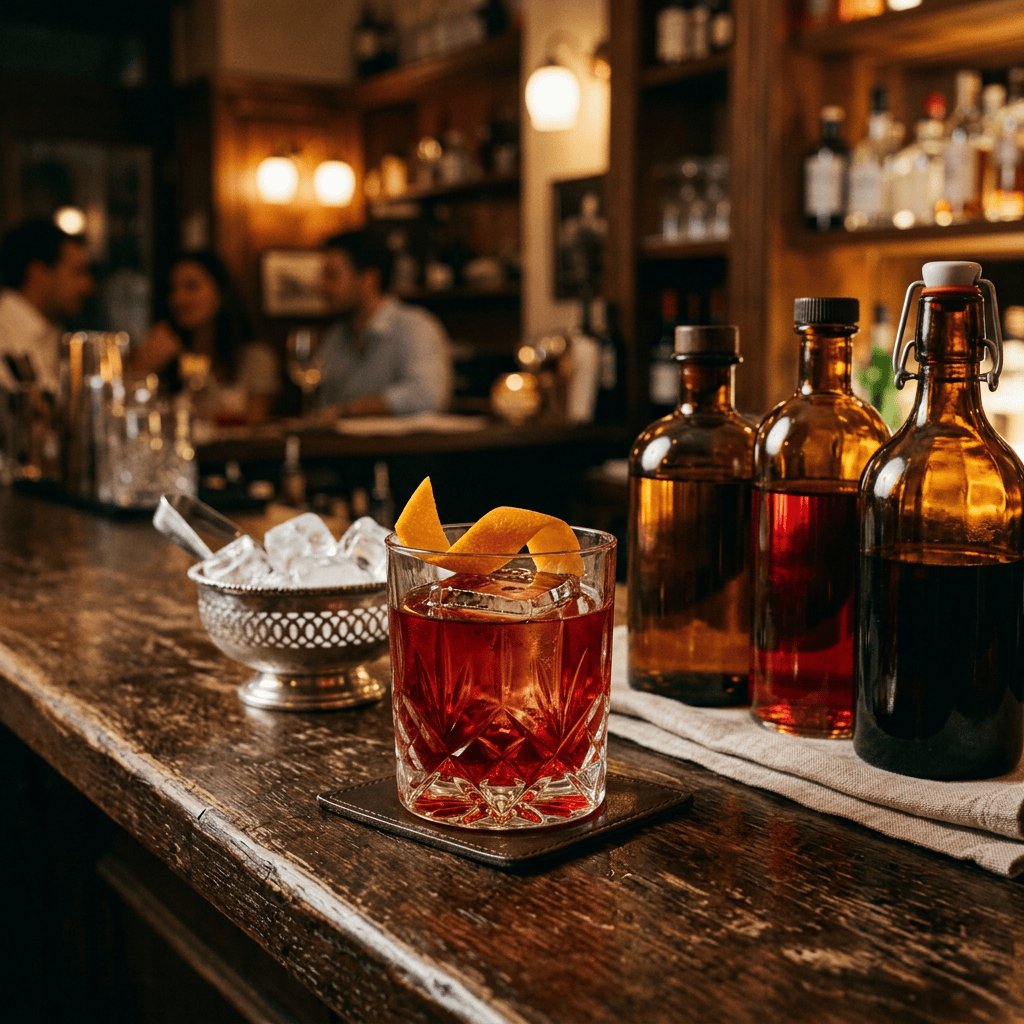 Ruby-red cocktail with orange twist on a wooden bar