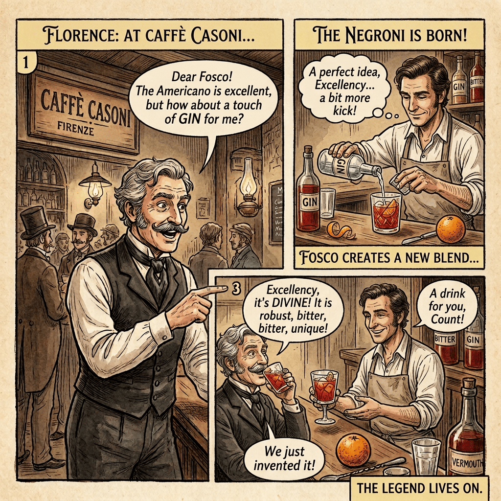 Illustration titled “Firenze, 1824: La nascita del Negroni,” showing two bartenders discussing a red cocktail at Caffè Casoni, with Italian speech bubbles about gin and invention.
